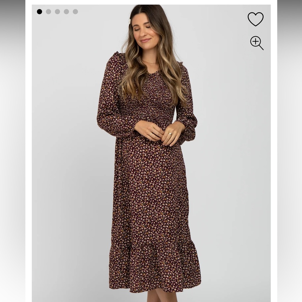 Burgundy Floral Long Sleeve Smocked Maternity Midi Dress - Worn once!